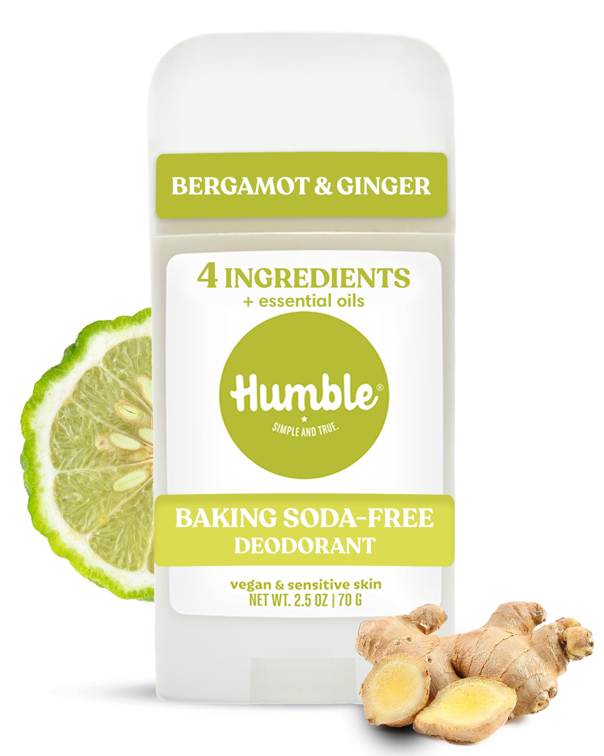 Humble Aluminum-Free Deodorant for Women & Men, Bergamot & Ginger - Baking Soda-Free Natural Deodorant Stick for Sensitive Skin with Essential Oils for Long-Lasting Odor Control, 2.5 Oz