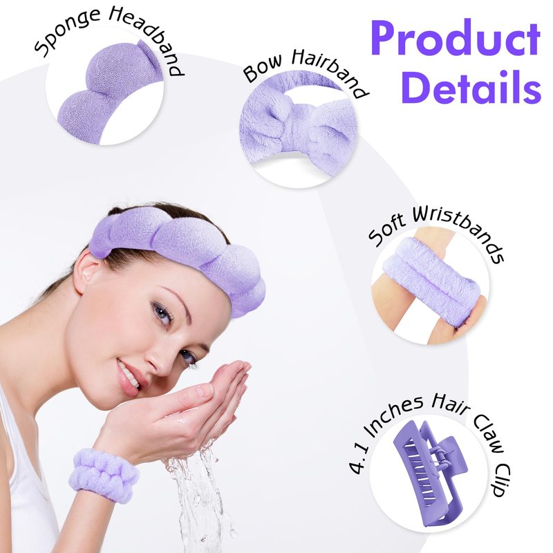 Zkptops 5Pcs Spa Headband for Washing Face Wristband Set Sponge Makeup Skincare Terry Cloth Bubble Soft Hairband Claw Clips for Thick Hair Puffy Padded Headwear Non Slip Hair Accessory (Purple)
