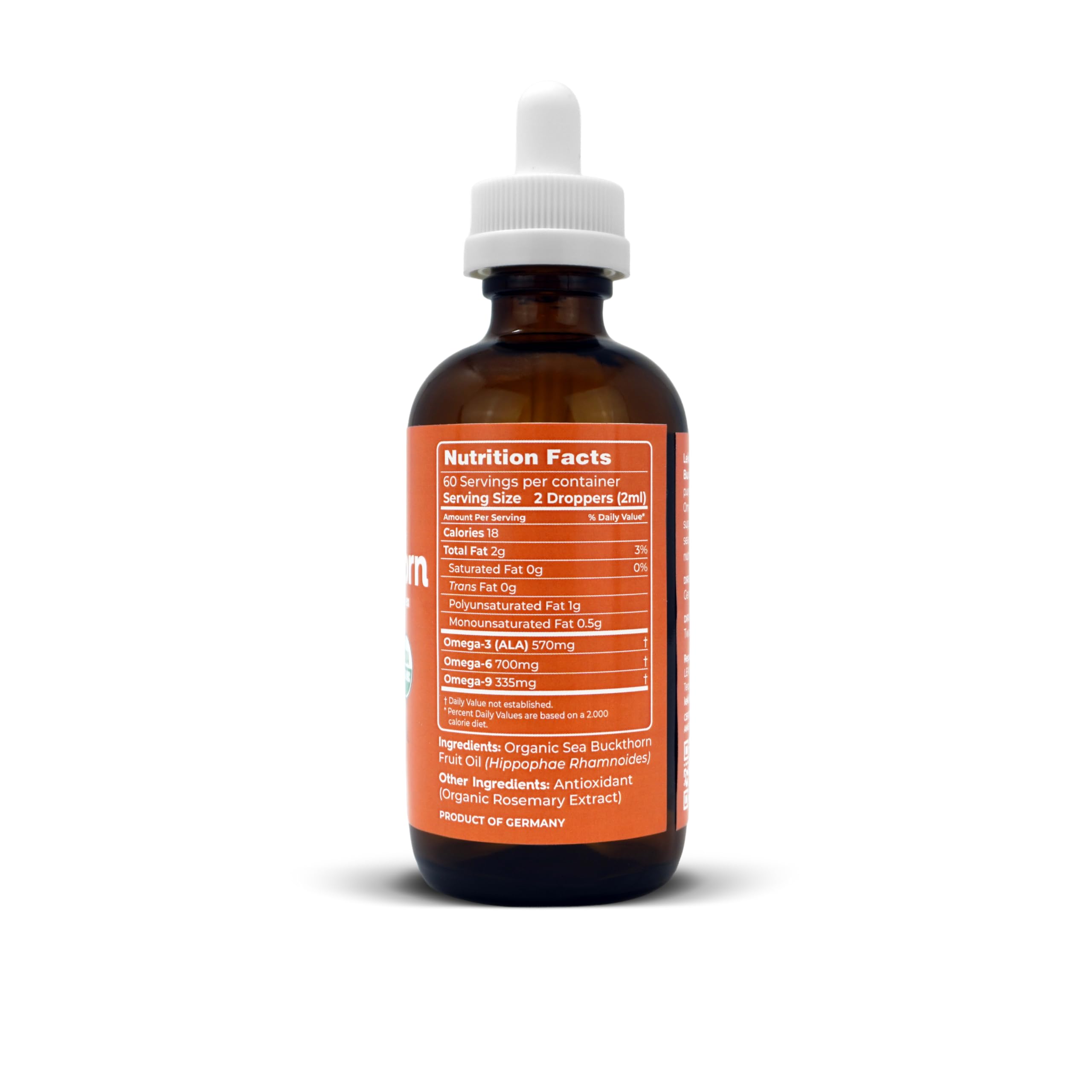 Lekithos Organic Sea Buckthorn Oil | 4 FL OZ (120 ML) | CO2 Extract | Premium Omega 3-6-9 Complex | Skin Barrier Support | Promotes Cell Membrane | Dropper in Glass Bottle | Made In Germany