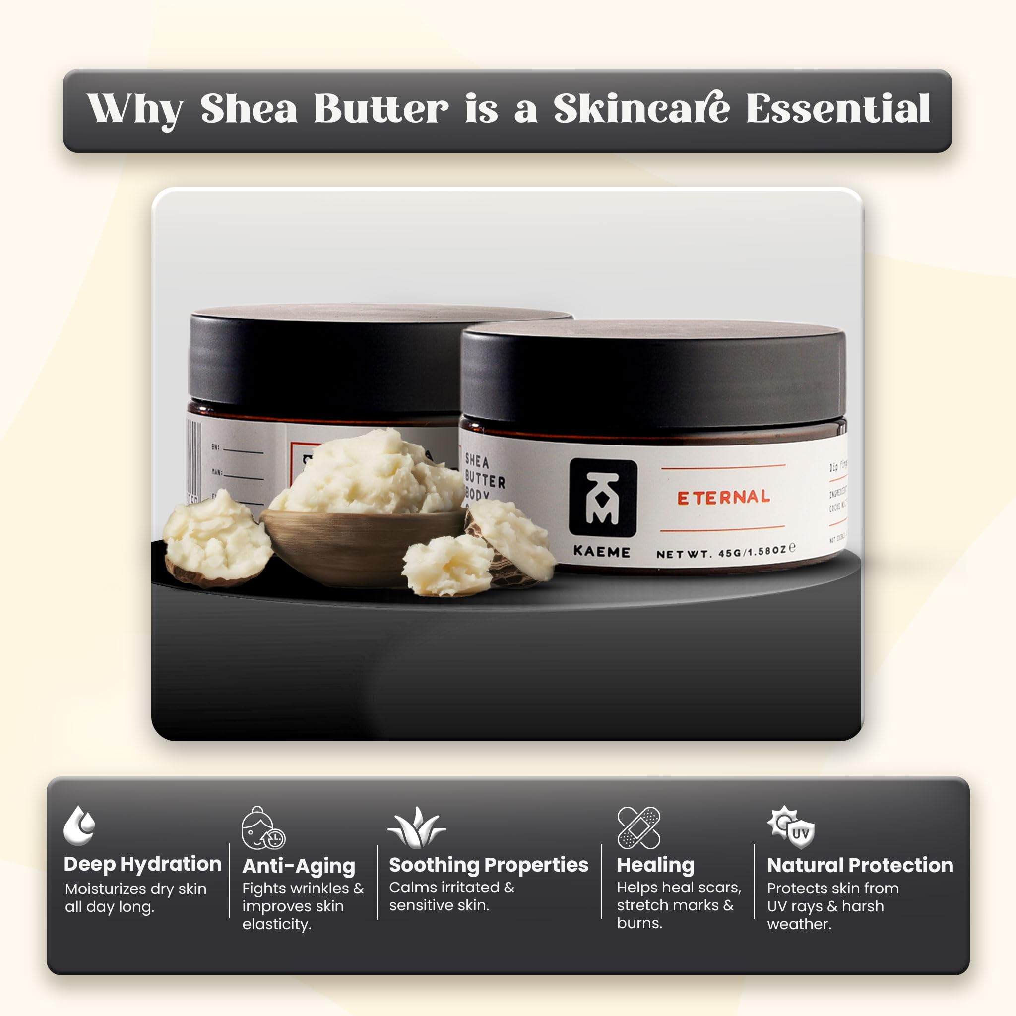 Kaeme.com Eternal Non-Greasy Whipped Shea Body Butter For Face, Body, Hair-Made With 100% Organic Raw Unrefined Shea & Coconut Oil, Deep Hydration for Dry, Sensitive Skin, Eczema Relief-3.4oz/100g Jar