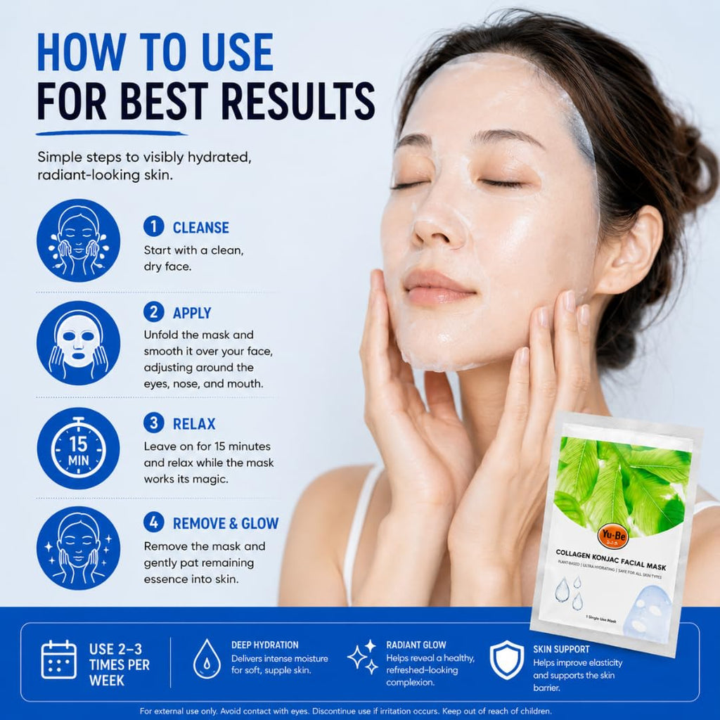 Yu-Be Facial Mask: Skin Firming Collagen | Plant-Based Konjac Sheet Mask Moisturizes, Softens, Nourishes, & Firms Mature Skin | Improves Tone & Texture | Home Spa Masks (3 sheets)
