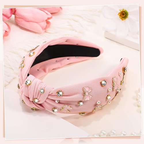 obeoby Pink Headbands for Women, Knotted Teacher Headband Non Slip Valentine's Day Bow Headband