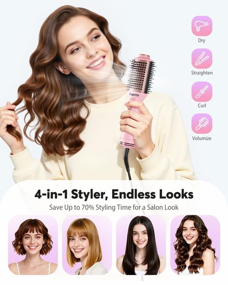 Dual Voltage Travel Blow Dryer Brush, Mini Hair Dryer Brush with Auto 100–240V, EU/UK Plug Ready, 4-in-1 Compact Hot Air Brush Lightweight, Ionic for Smooth & Voluminous Hair Anywhere