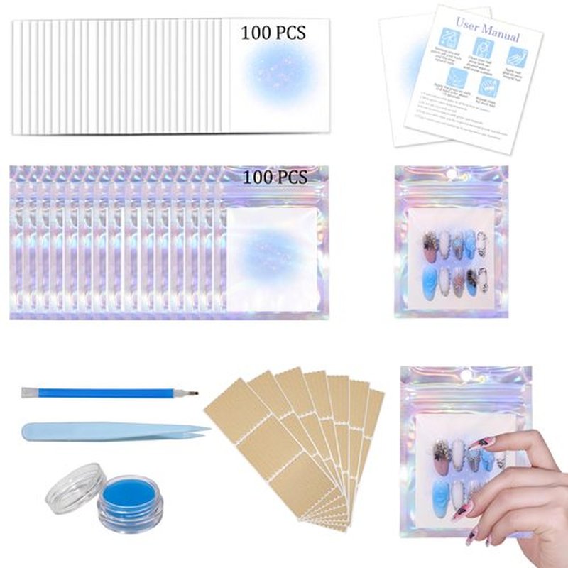 Raisetip 100PCS Press on Nail Packaging Bag, 100PCS Display Card with 7 Sheets Pre-cut Adhesive Tape & Diamond Art Pens & Glue Clay & Tweezers, 6-in-1 Set for Nail Display Profession Salon