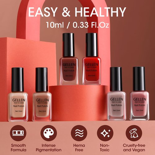 GELLEN Nail Polish Set, Nude Red Brown Quick Dry Traditional Regular Nail Polish Fall Winter 6 Colors Set for Finger Toe & Acrylic Fake Nails Home Salon, Non UV Gel, TPO HEMA Free, Non-toxic