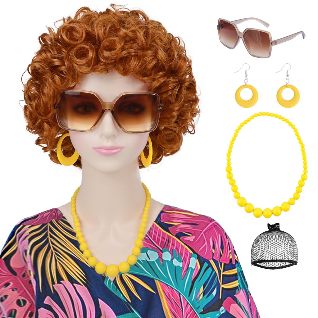 Yargel Hair Orange Wig for Women Landlady Costume Red Orange Curly Synthetic Wig With Yellow Jewelry Necklace+Earrings+Glasses Ginger Wigs For Cospaly Halloween Party Use