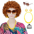 Yargel Hair Orange Wig for Women Landlady Costume Red Orange Curly Synthetic Wig With Yellow Jewelry Necklace+Earrings+Glasses Ginger Wigs For Cospaly Halloween Party Use