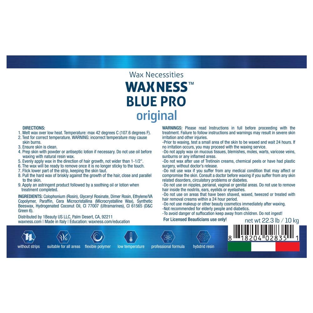 Waxness Film Hard Wax Blue Professional 22 lb (10 kg) – Stripless Professional Hard Wax Bulk Size for Face & Body, Salon Use – Made in Italy