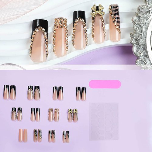 RUOKEXIN Long Square Press on Nails Black French Tip Fake Nails Sparkly False Nails with 3D Gold Bow Charms Designs Full Cover Glue on Nails Long Nail Press ons Cute Stick on Nails for Women 24Pcs