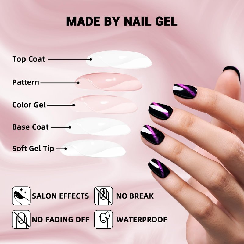 Wooyas Cat Eye Press on Nails, 9D Glitter Black Square Handmade Short Fake Nails with Purple Glitter Design, Glossy Salon Perfect Magnetic Gel Nails in 12 Sizes - 24 Pcs Nails Kit for Woman