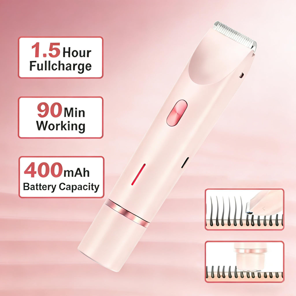 Bikini Trimmer for Women, 2 in 1 Electric Razors, Wet Dry Use, IPX7 Waterproof Rechargeable Bikini Shaver with Ceramic Cutting Head, 120 Min Cordless Runtime, Pink