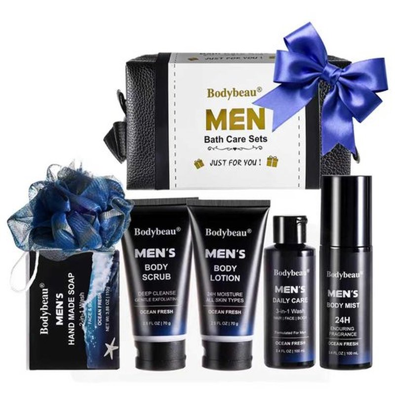 Men's Bath and Body Spa Gift Set - 7-Piece Kit with 3-in-1 Shower Gel, 2-in-1 Handmade Soap and Travel Bag - Father's Day/Birthday Christmas Gifts for Dad, Husband, Boyfriend and Friends