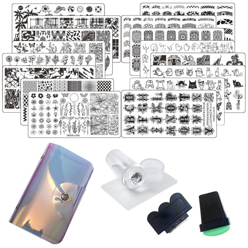 VNC 21 Pcs Nail Stamp Plates Set 16 Plate 2Stamper and 2 Scraper 1storage Bag Nails Art Stamping Plate Scraper Stamper Set Leaves Flowers Animal Nail Plate Template Image Plate Set