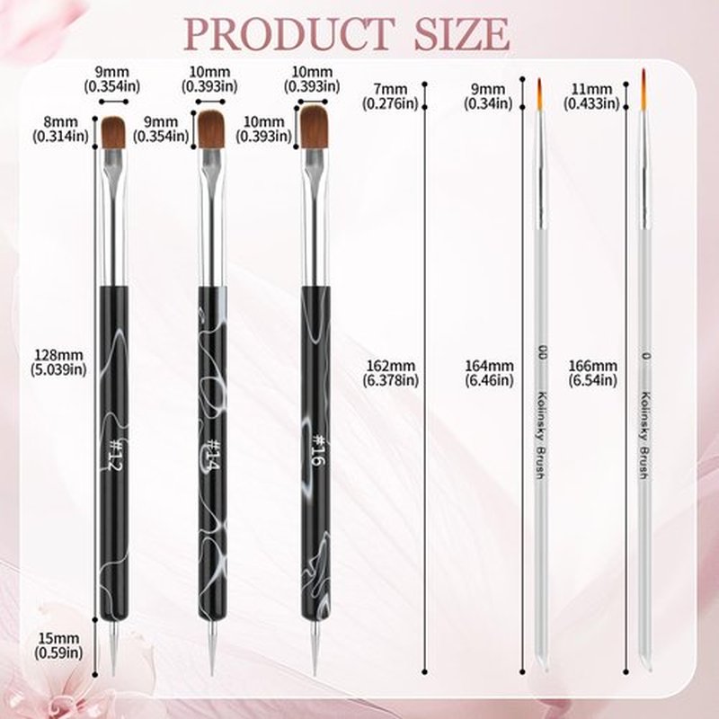 6pcs French Tip Tool Brush, 2 Way Cleanup Brush for Gel Polish with Dotting Tool Franch Nail Art Brushes Set Liner Fine Cuticle Beginner 7mm/9mm/11mm, 12#, 14#, 16#
