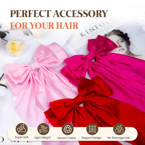 Loqpol 3 PCS Silky Satin Hair Bows, Oversized Long Tail Bows with Barrette Clips, Coquette Hair Accessories for Women and Girls (Red Hot Pink Light Pink)