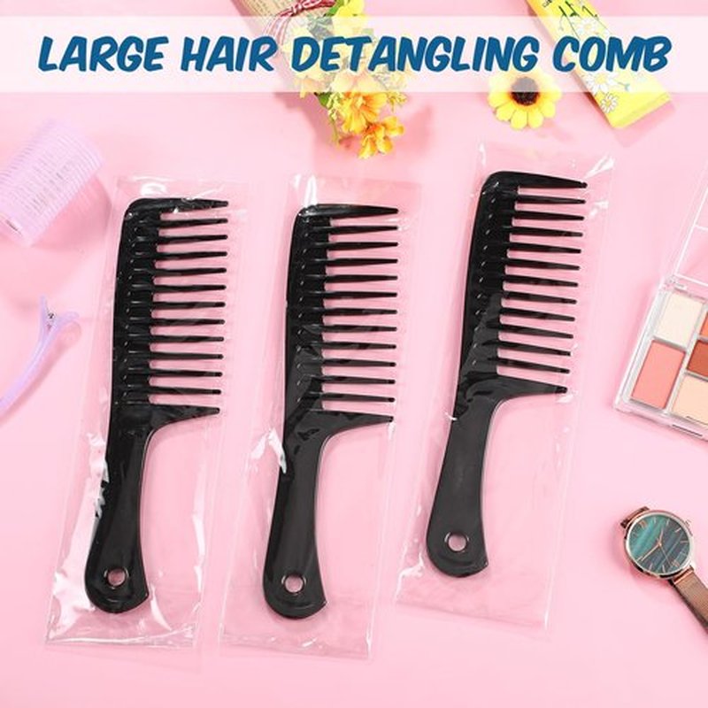 Baderke 50 Pcs Combs Individually Wrapped 9.45 x 2.36 Inches Wide Tooth Combs Disposable Detangling Large Salon Hair Paddle Brush Detangler for Men Women, Black