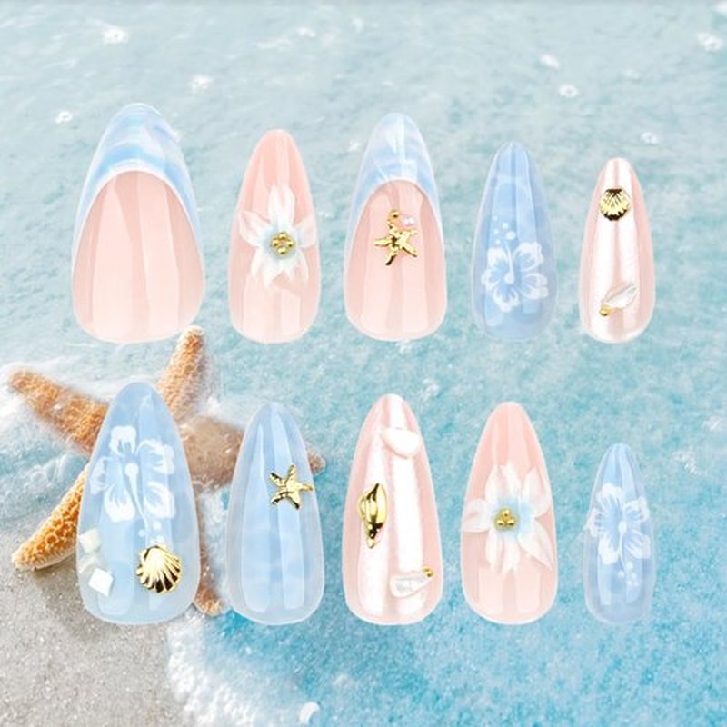 3D Sea Waves Press on Nails Glossy Blue Gradient Stick on Nail French Tips Medium Almond False Nail 24Pcs Flower Gel Glue on Fingernails Acrylic Full Cover Fake Nails for Holiday Manicure Art