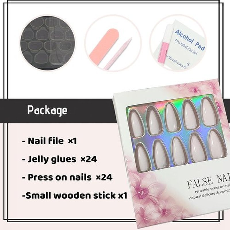 Skiennix Cream White Press-On Nails - Medium Almond Glossy Acrylic Fake Nails for Women