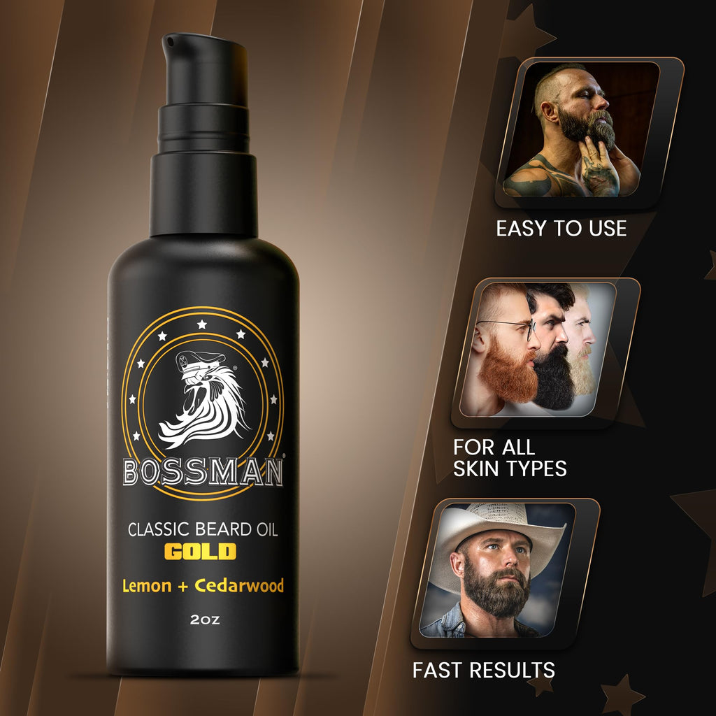 Bossman Organic Mustache & Beard Oil for Men, 2 oz – Natural Beard Moisturizer with Jojoba, Argan & Avocado Oils (Gold Scent)