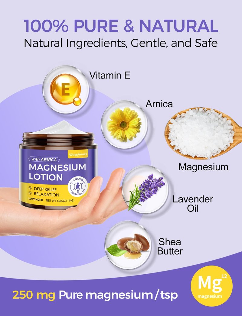 Wagomars Natural Soothing Magnesium Lotion - Topical Nighttime Magnesium Cream with Arnica, Shea Butter & Coconut Oil for Legs & Muscles - Skin Comfort, Relaxation & Deep Hydration - Safe for Kids