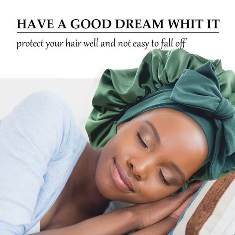 Satin Bonnet Silk Bonnet Hair Bonnet for Sleeping Large Bonnets with Tie Band Wrap with Adjustable Straps Cap Night Sleep Caps for Women Curly Braid Hair(Black,Hunter Green)