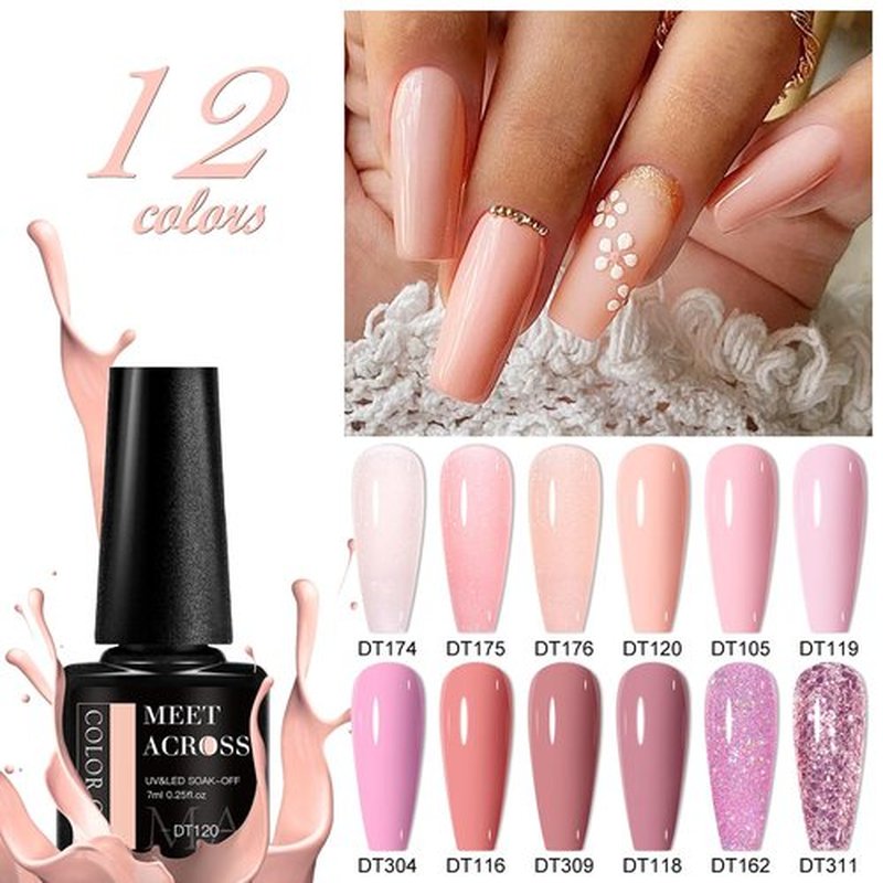 MEET ACROSS Pink Gel Nail Polish Kit, Popular Color Nude Glitter Nail Gel Suitable For All Seasons Gel Polish Soak Off UV LED Semi-Permanent Varnish For DIY Manicure