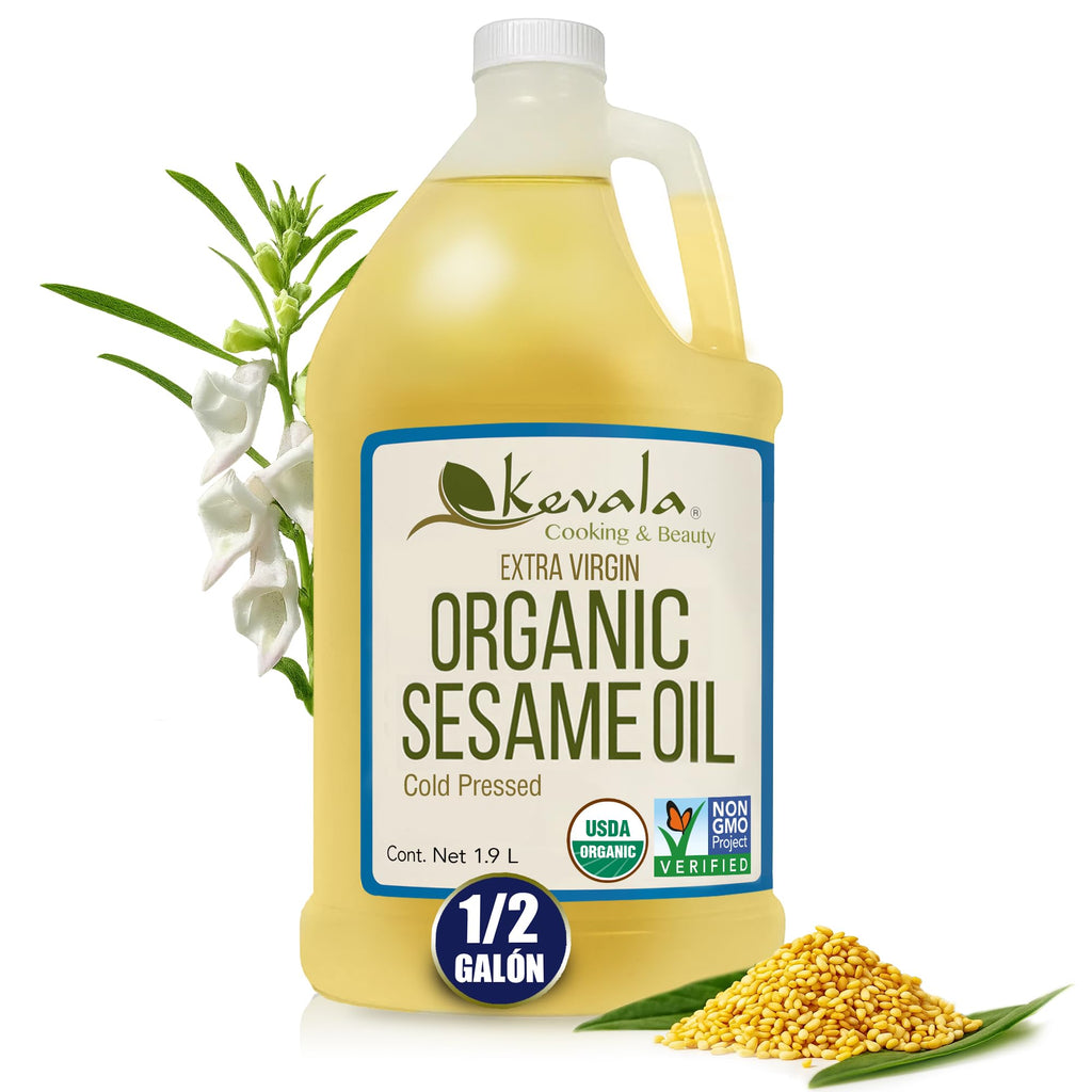 Kevala Organic Extra Virgin Sesame Oil – 64 fl oz, 1/2 gal, Good in Body Care and Hair Care, High Smoke Point Vegetable Oil for Cooking, Frying, and Baking, Made with Organic Sesame Seeds, Kosher