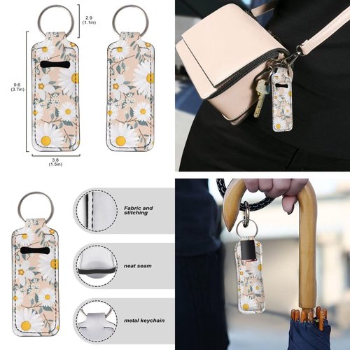 Suobstales Daisy Flower Pattern 3 PCS Travel Bottle Keychain Holders Set Neoprene Lipstick Wristlet Keychain Elastic Chapstick Keychains Holder