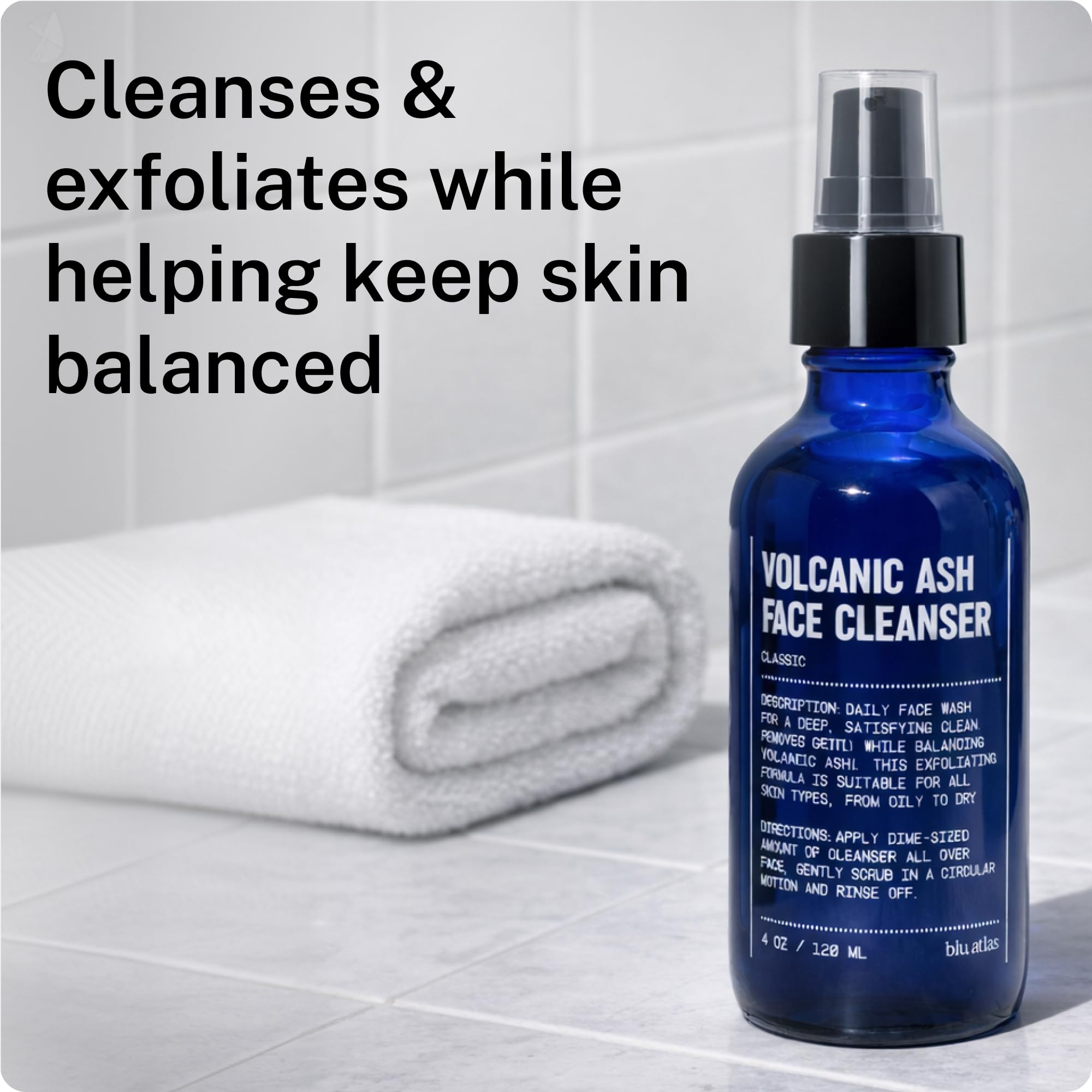 Blu Atlas Volcanic Ash Face Cleanser for Men with Vitamin C, Gentle Daily Exfoliating Facial Cleanser for Dry, Normal & Sensitive Skin – Fragrance Free, 4 oz