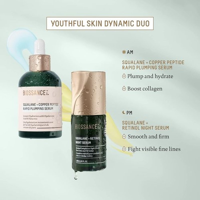 Biossance Squalane + Copper Peptide Serum - Rapid Plumping Face Serum for All Skin Types | Vegan Formula with Hyaluronic Acid