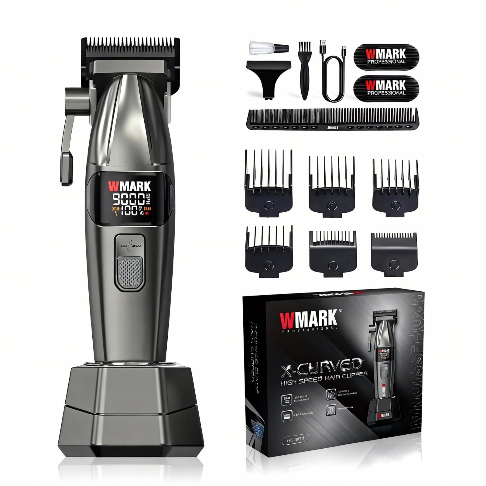 WMARK Hair Clippers for Men Professional Barber Clippers for Hair Cutting Cordless Clippers 5CR DLC Curved Ceramic Fade Blades, 2 Speed 8000/9000RPM, LED Digital Display, USB-C Rechargeable NG-8008