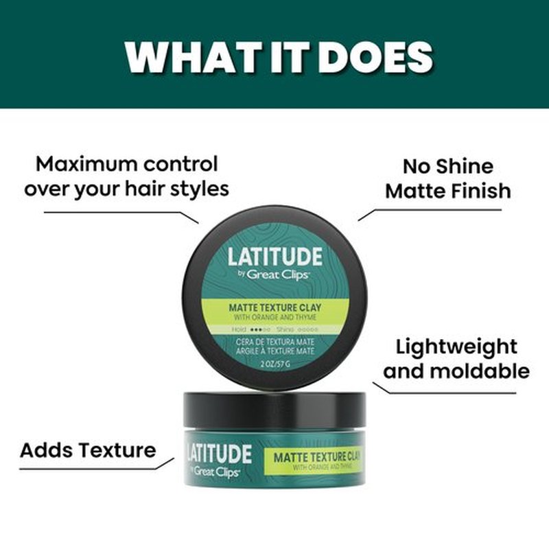 GREAT CLIPS LATITUDE Matte Texture Clay | Hair Gel for Men | Medium Hold + No Shine | 2oz | Packaging May Vary