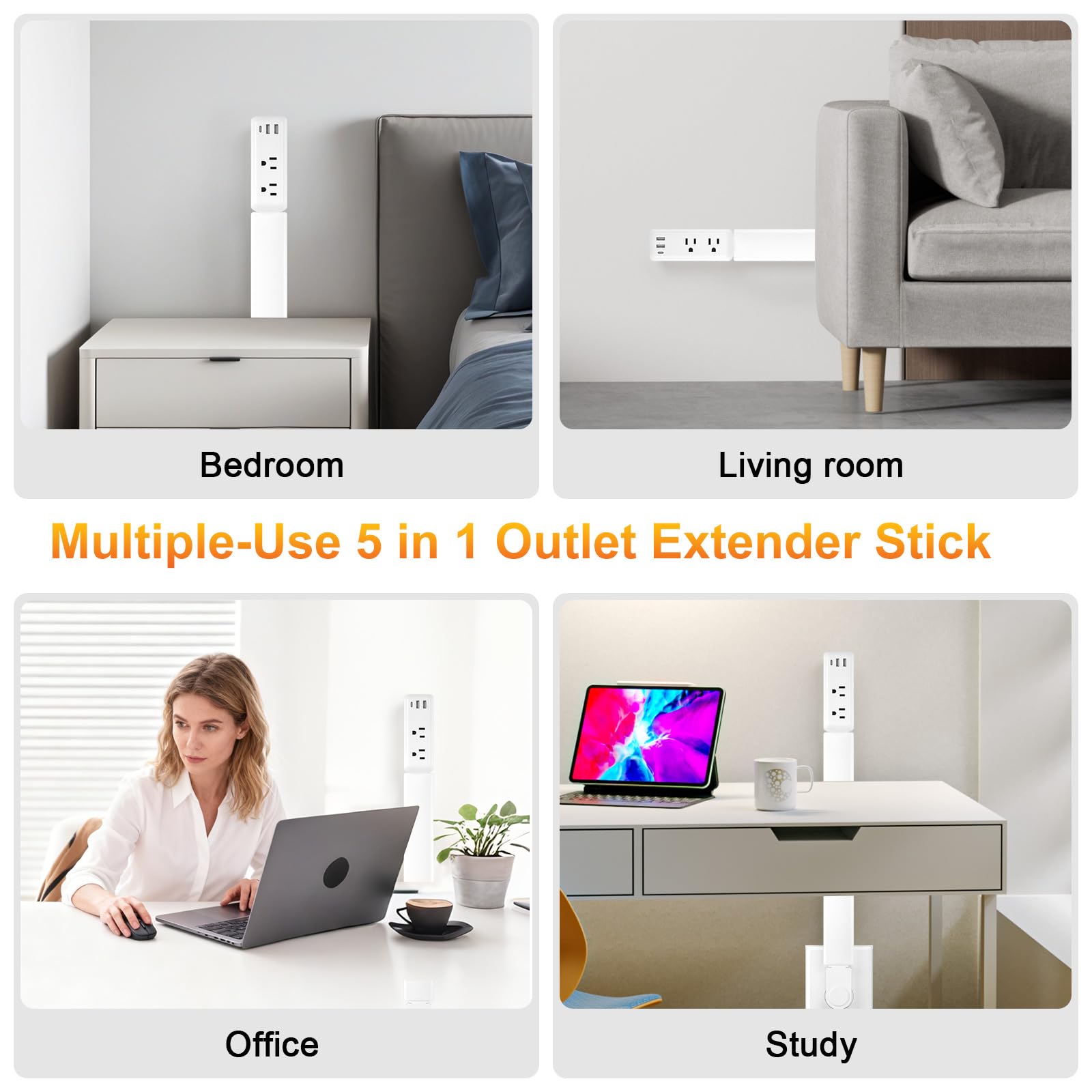 Outlet Extender, Electrical Outlet Extender Stick 22-34" Extendable 180° Rotating Wall Charger, EDIEBE USB C Power Socket Expander with 2 AC, 2 USB-A & 1 USB-C for Home Office Behind Couch