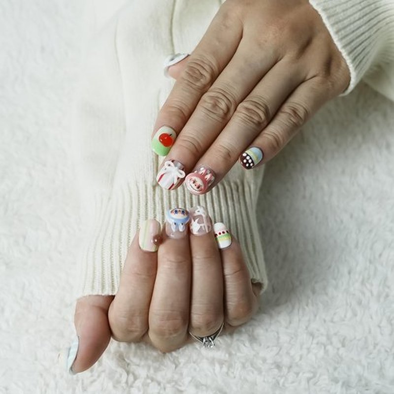 Tesytto 3D Cherry Press on Nails Short Square - Cute Cartoon Design with Mini Bow Charms, Colorful Kawaii False Nails for Women and Girls (Cartoon-A,S)