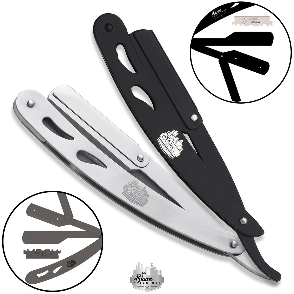 the shave factory Factory® Straight Edge Razor Kit - Single | Stainless Steel razors men from (Black / 100 Derby Professional Blades), 1.0 Count