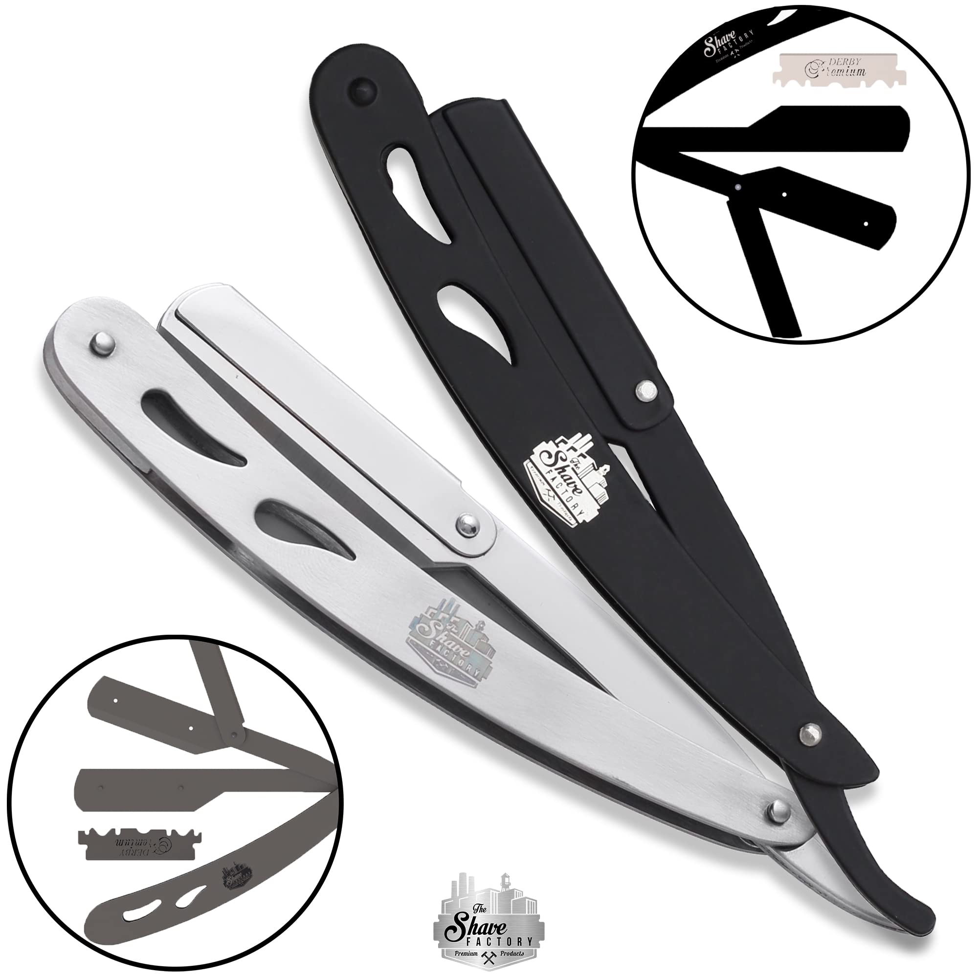 The Shave Factory Straight Edge Razor Kit - with Single Stainless Steel razors (Stell + Derby Premium)