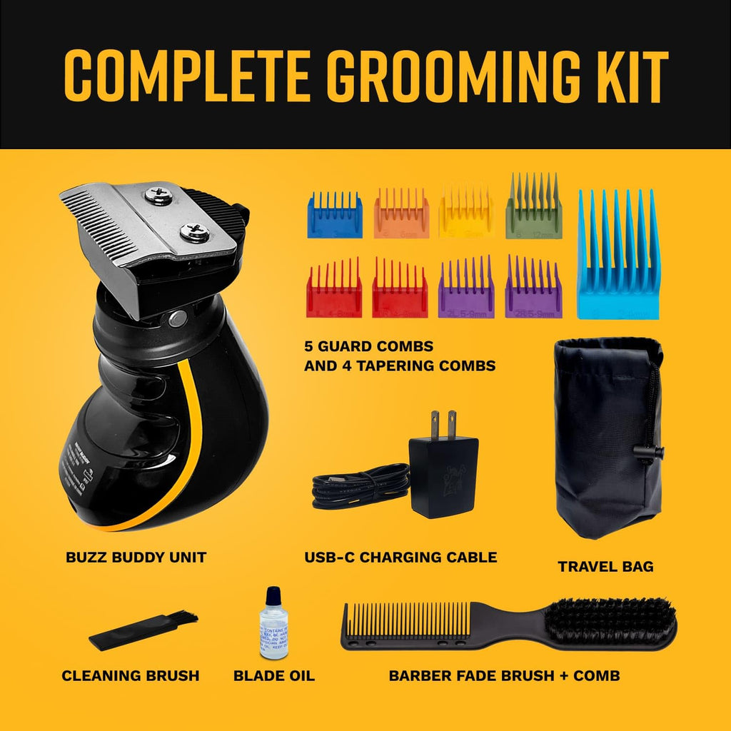 Buzz Buddy 360° Clipper, Swivel Head Grooming Tool, Ceramic Blade (0.5–2.0mm), Quiet 7000 RPM Motor, IPX7 Waterproof, Cordless Kit