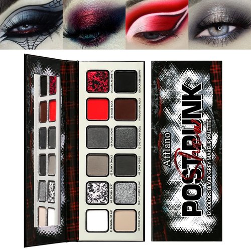 Black Gray Red Goth Makeup Palette, High Pigmented Grey Silver Brown Matte Shimmer Smokey Eyeshadow Palette, 12 Color Long Last Dark Emo Grunge Vampire Eye Shadow for Daily & Halloween Clown,Blendable