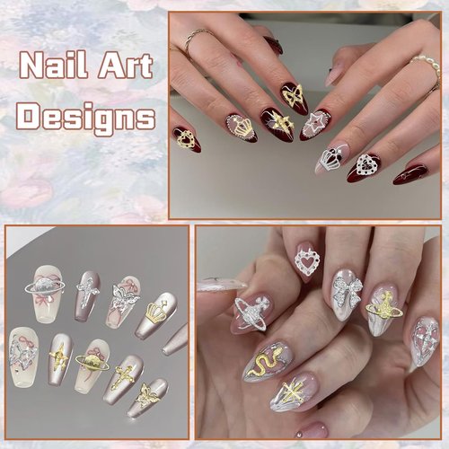 144 Pcs Silver Gold Nail Charms Y2K, 3D Butterfly Bows Planet Nail Gems Charms, Heart Cross Star Metal Nail Jewelry Charms for Nails Art Design DIY Accessories