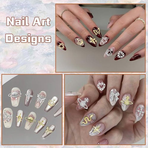 144 Pcs Silver Gold Nail Charms Y2K, 3D Butterfly Bows Planet Nail Gems Charms, Heart Cross Star Metal Nail Jewelry Charms for Nails Art Design DIY Accessories