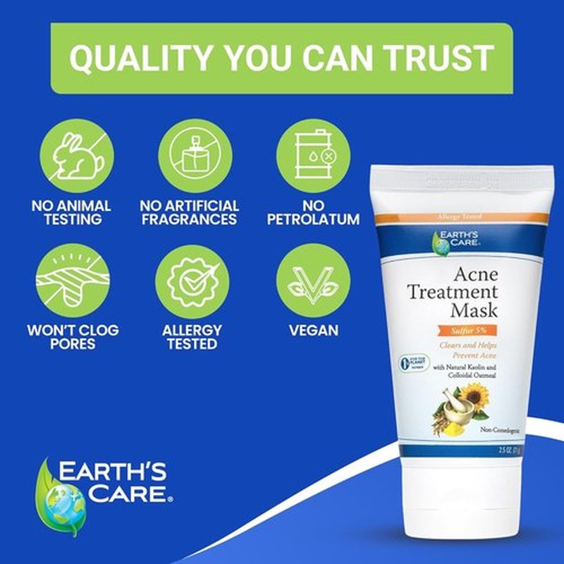 Earth's Care Acne Treatment Mask - 5% Sulfur Formula for Cystic Acne - 2.5 OZ Tube for Face Pimples & Blackheads