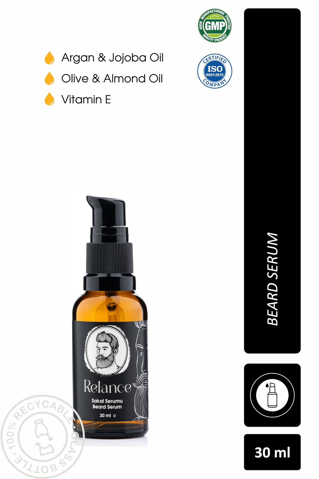 Relance Premium Beard Serum, Black and Amber Glass Bottle, 30ml