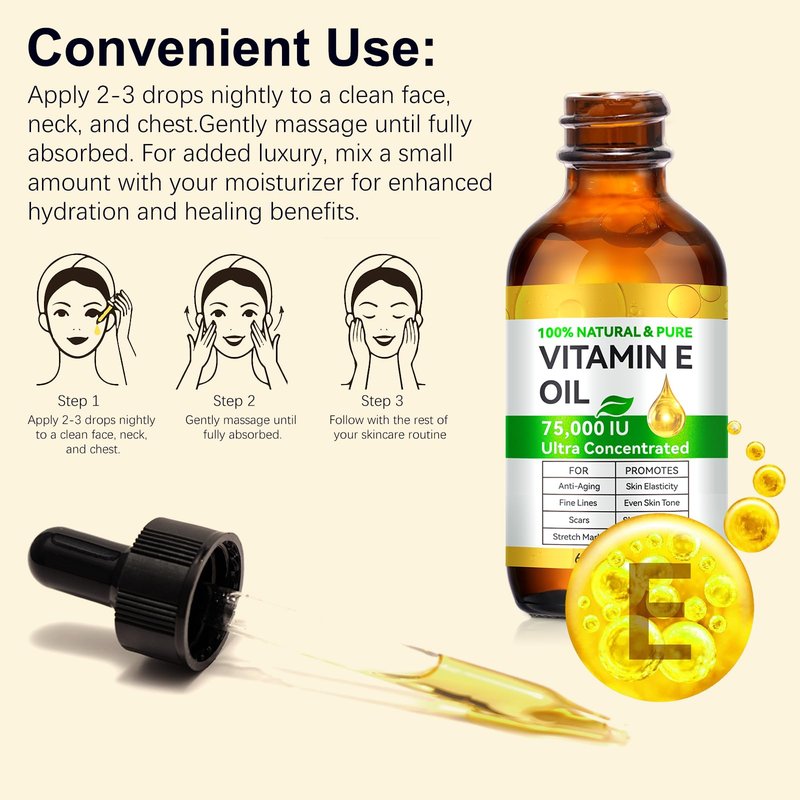 Vitamin E Oil 75,000 IU - Pure & Natural Skin & Hair Care - Moisturizing for Face, Body, Sars and Scalp 4 Fl Oz