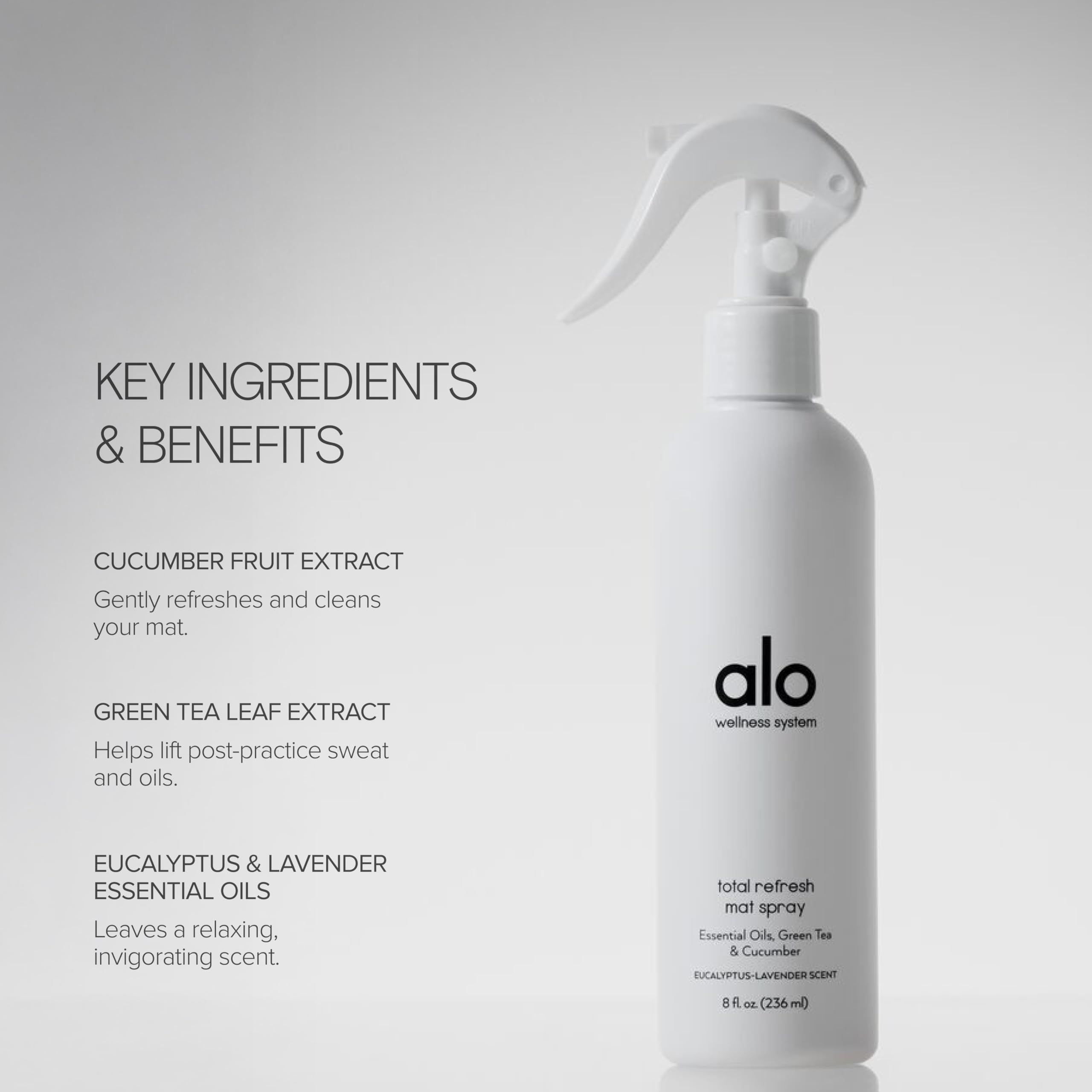 ALO Total Refresh Yoga Mat Cleaner | Green Tea & Cucumber Extract to Refreshen Mats | All-Natural Essential Oils Remove Sweat and Surface Impurities | Eucalyptus-Lavender Scent | 8oz