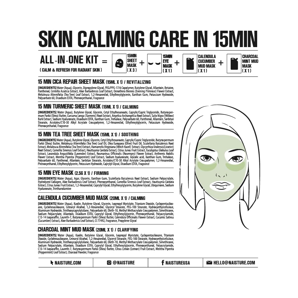 Naisture 15 Min Rescue Me Kit Skincare Gift Set for Skincare Lovers– All-in-One Bundle with Face, Eye, & Mud Masks, Complete Self-Care Kit (6 pcs)