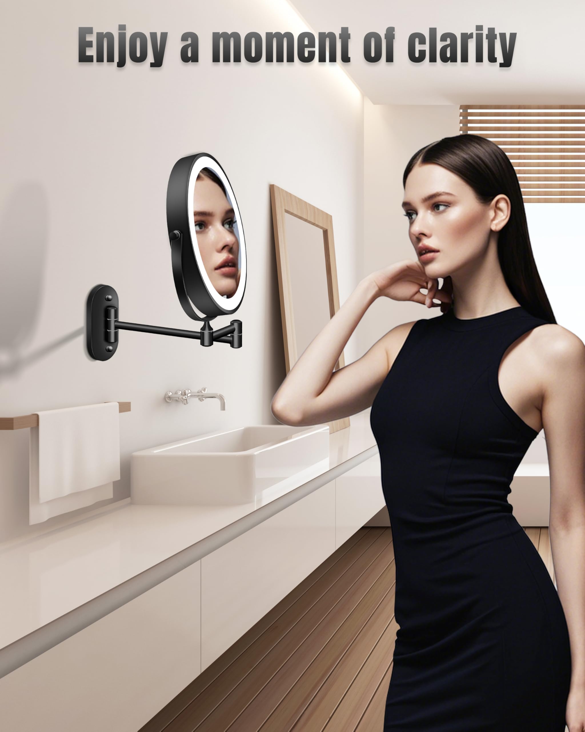 Wall Mounted Makeup Mirror with Light, 30X/1X 8'' Double Sided LED Magnifying Bathroom Lighted Vanity Mirror with Magnification, 3 Color Light up Touch Dimmable Extended Arm 360 Rotation