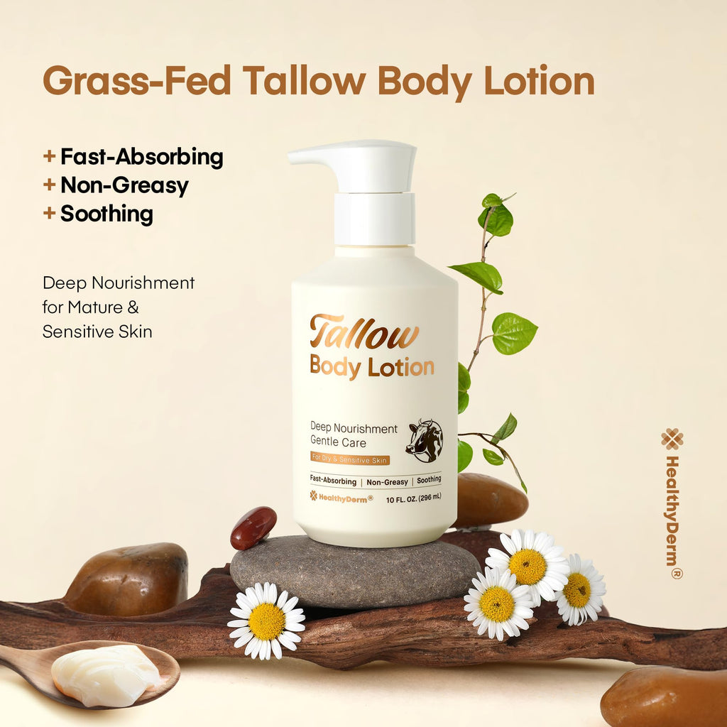Beef Tallow Body Lotion for Skin: Grass-Fed Daily Moisturizing Cream for Dry, Mature & Crepey Skin, Fast-Absorbing, Non-Greasy, Fragrance-Free Moisturizer with Aloe & Shea Butter (Yellow Bottle)