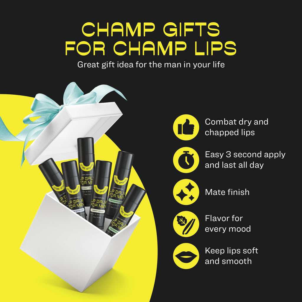 ChapChamp Lip Balm for Men - Mens Lip Balm Vitamin E and Beeswax - Chapstick for Men - Peppermint, Coconut & Vanilla - Made in the USA (All Natural, 6 Pack)