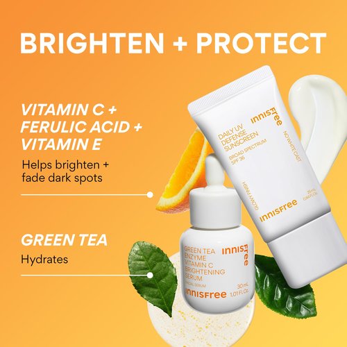 innisfree Brighten + Protect Set, Skincare Set with Korean Sunscreen for Face and Vitamin C Serum for Glow and Radiance