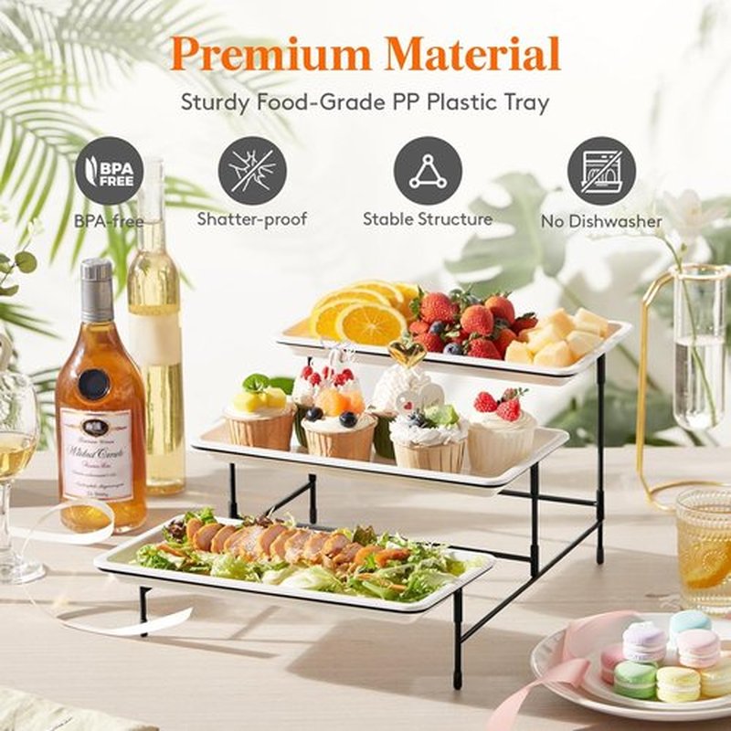 Lifewit 3-Tier Serving Tray - White Plastic Tiered Food Platter with Black Metal Stand | 30 x 17 cm